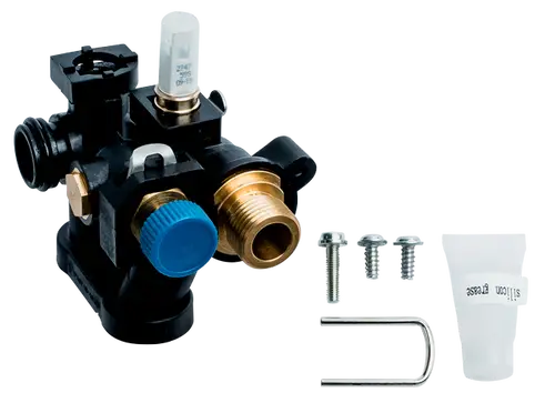Wolf Hydraulikbauteil mit Anschlüssen, Ventil und Zubehörteilen, einschließlich Schrauben und Silikon, auf neutralem Hintergrund.